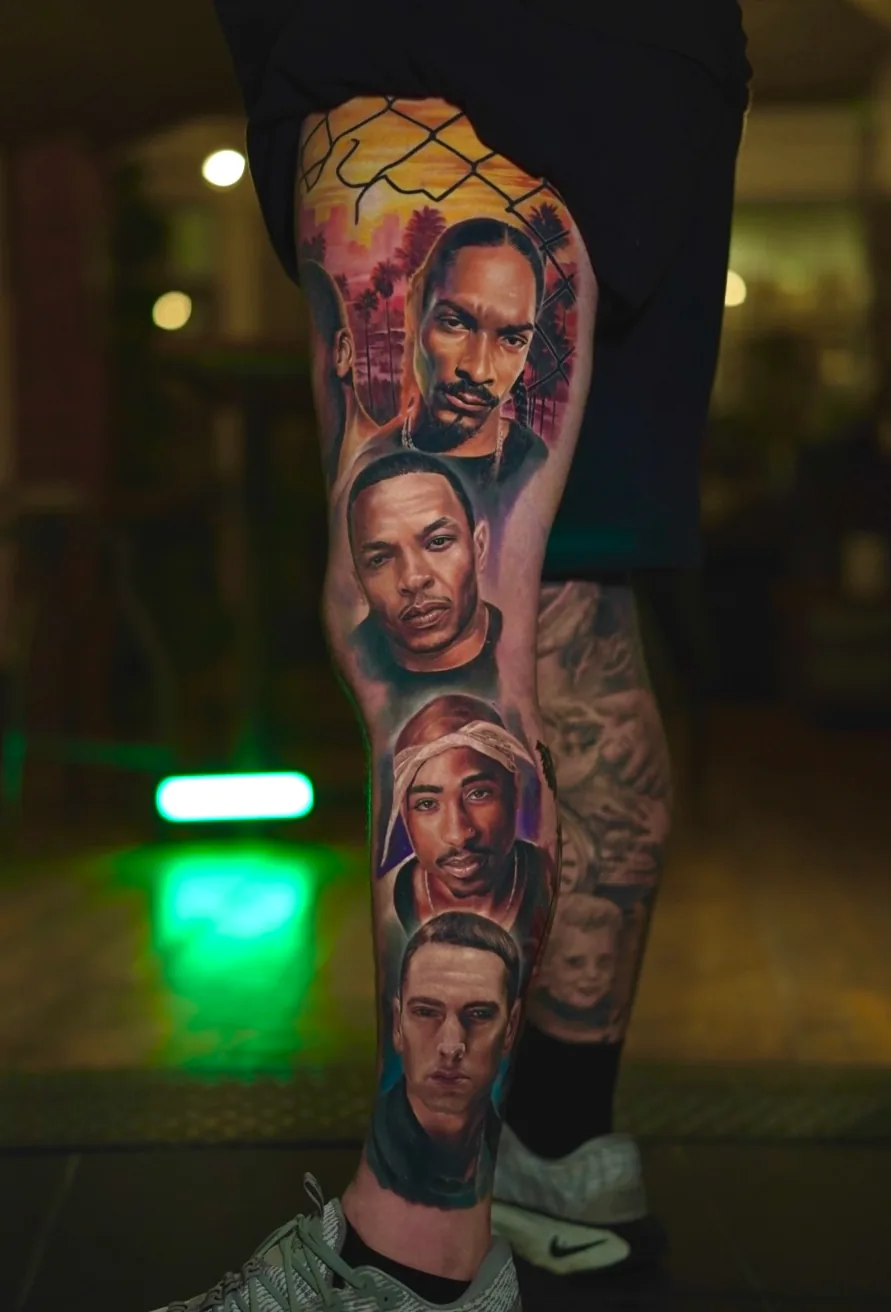 Hip-Hop Legends full leg tattoo by Churchill