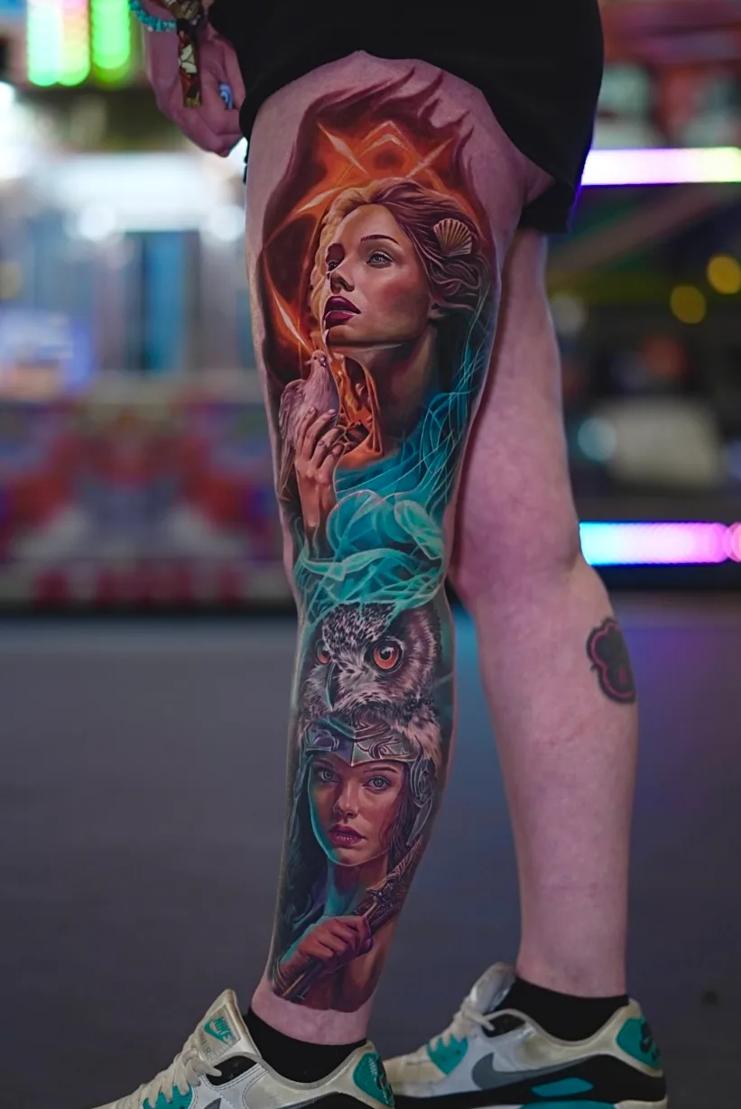 Aphrodite & Athena full leg tattoo by Churchill