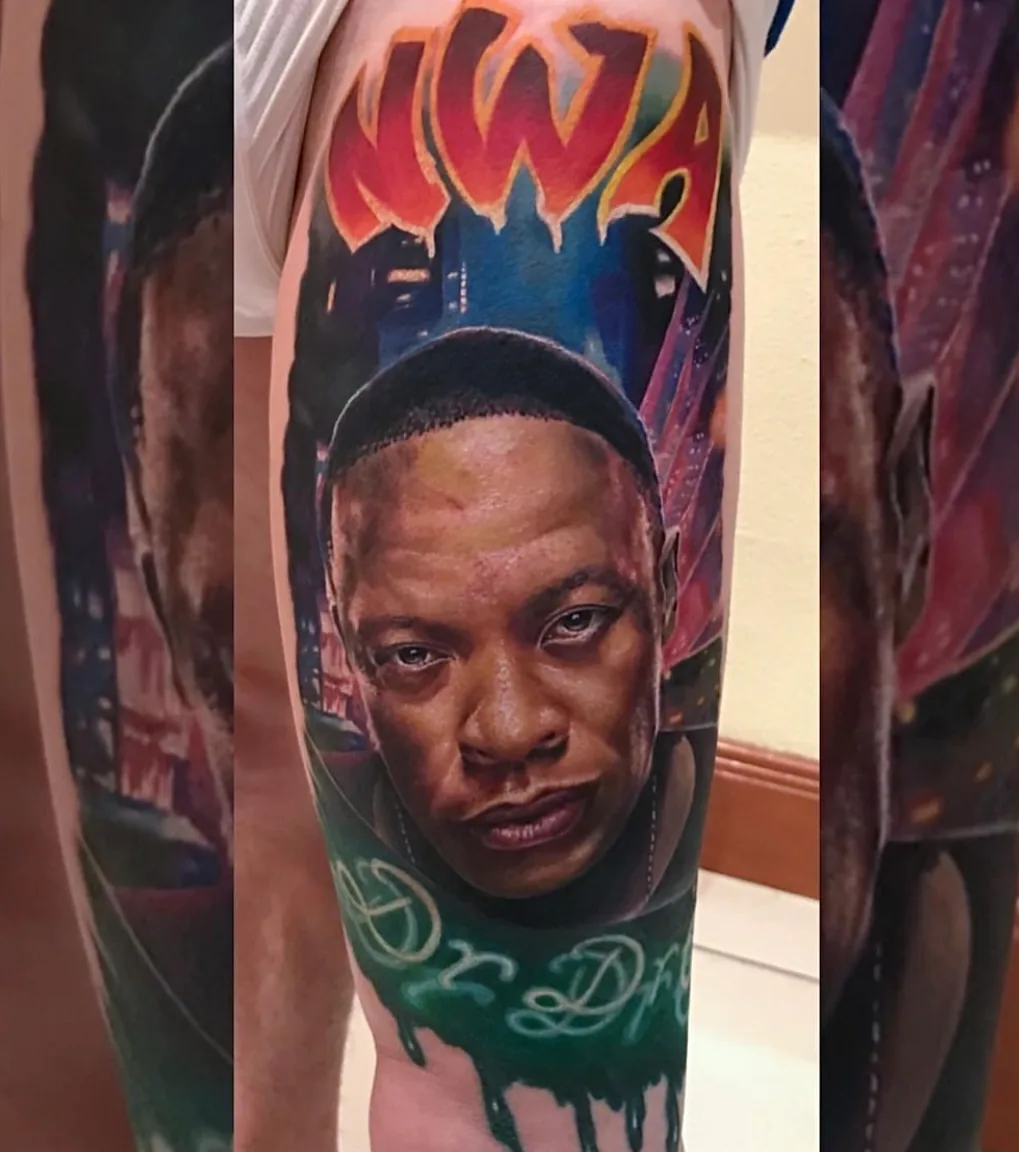 Dr. Dre Tribute portrait realism tattoo by Churchill