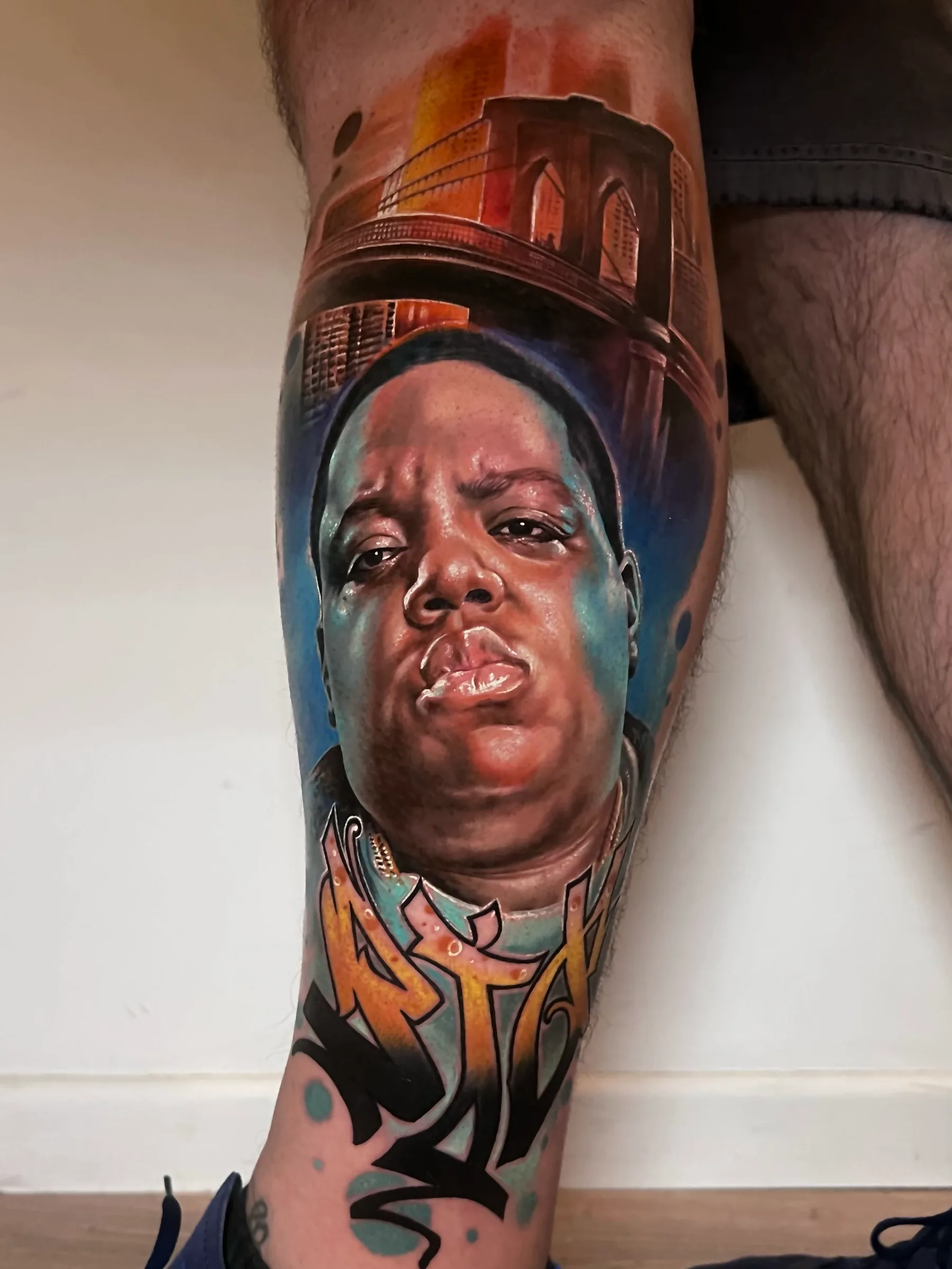 Notorious B.I.G. Tribute portrait realism tattoo by Churchill