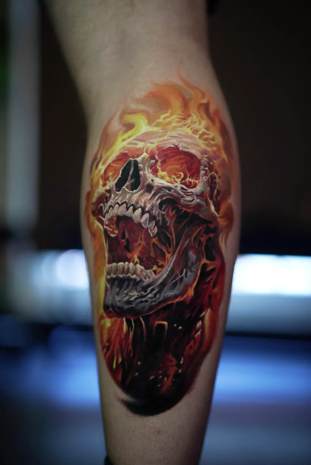 Burning Skull colour realism tattoo by Churchill