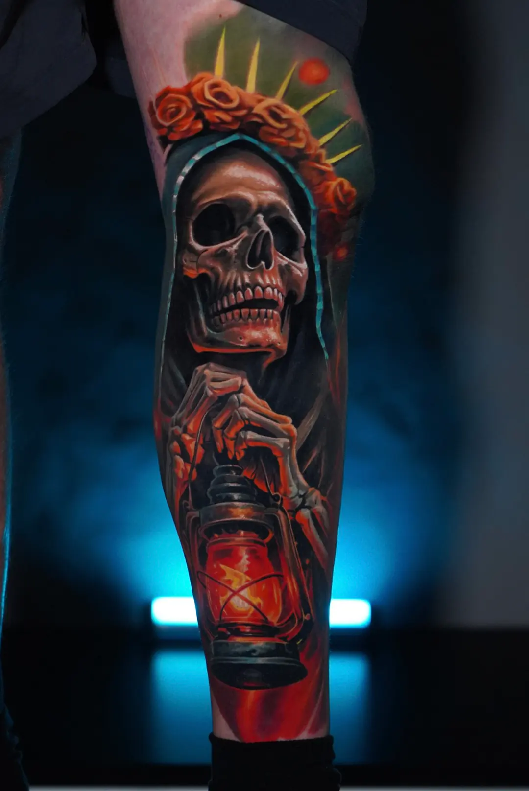 Santa Muerte colour realism tattoo by Churchill
