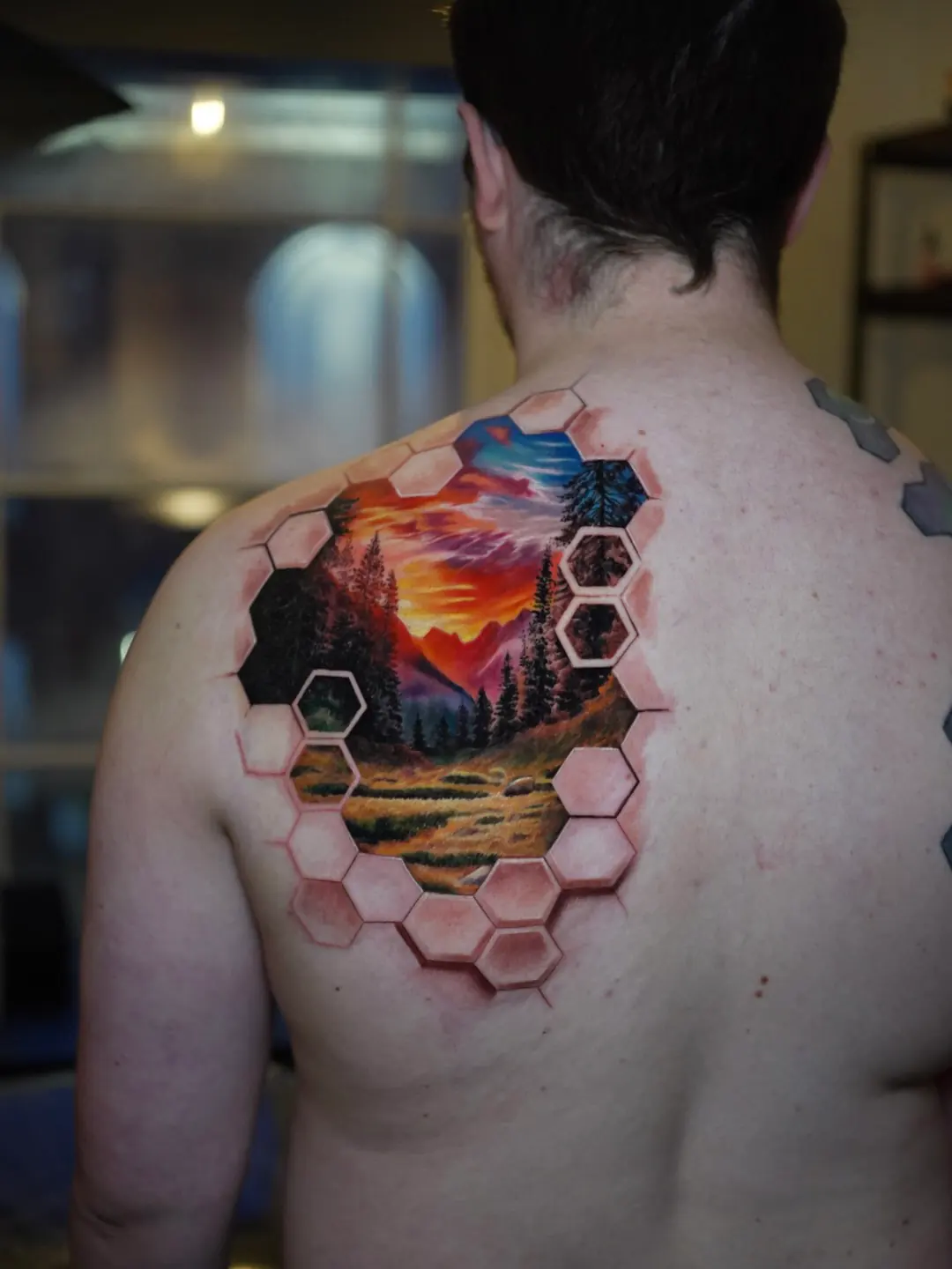 Scenic Landscape colour realism tattoo by Churchill