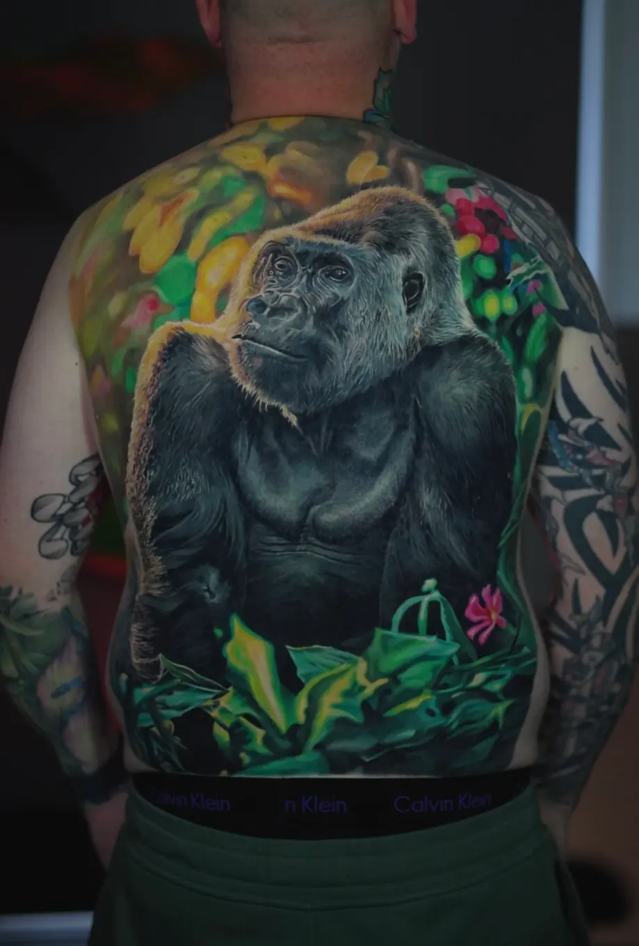 Gorilla Jungle Back Piece full back tattoo by Churchill