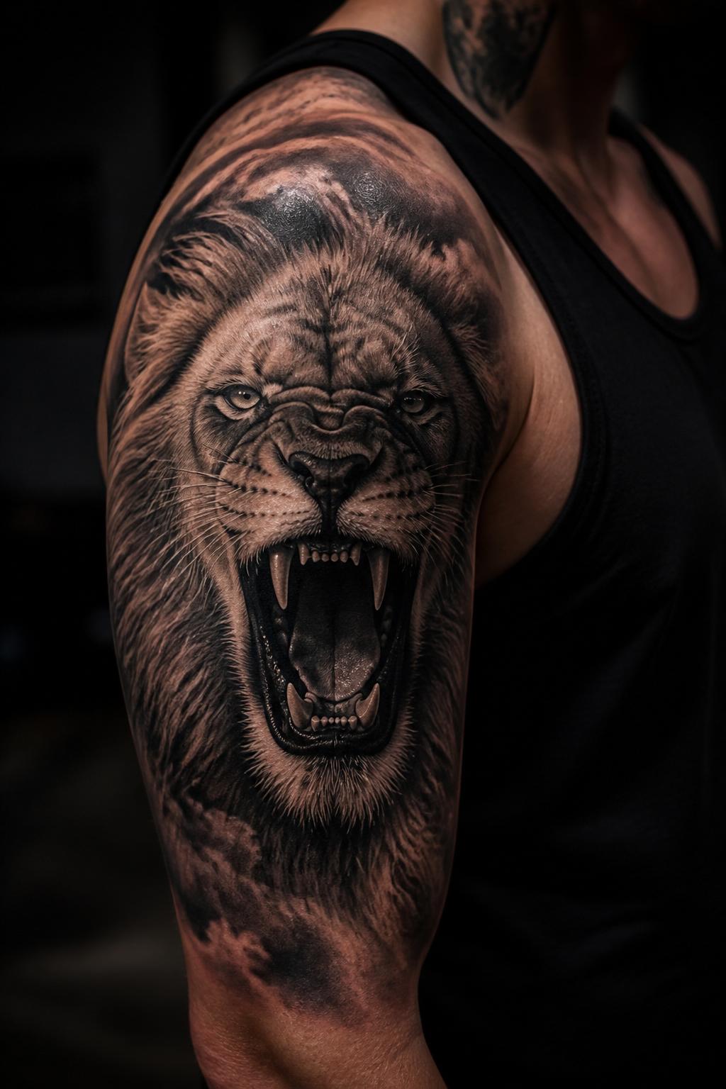 Lion realism shoulder tattoo