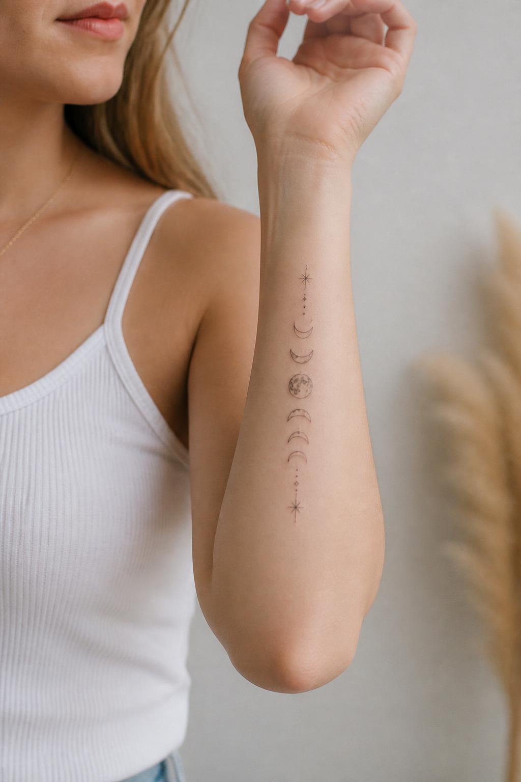 Moon phases fine line forearm tattoo