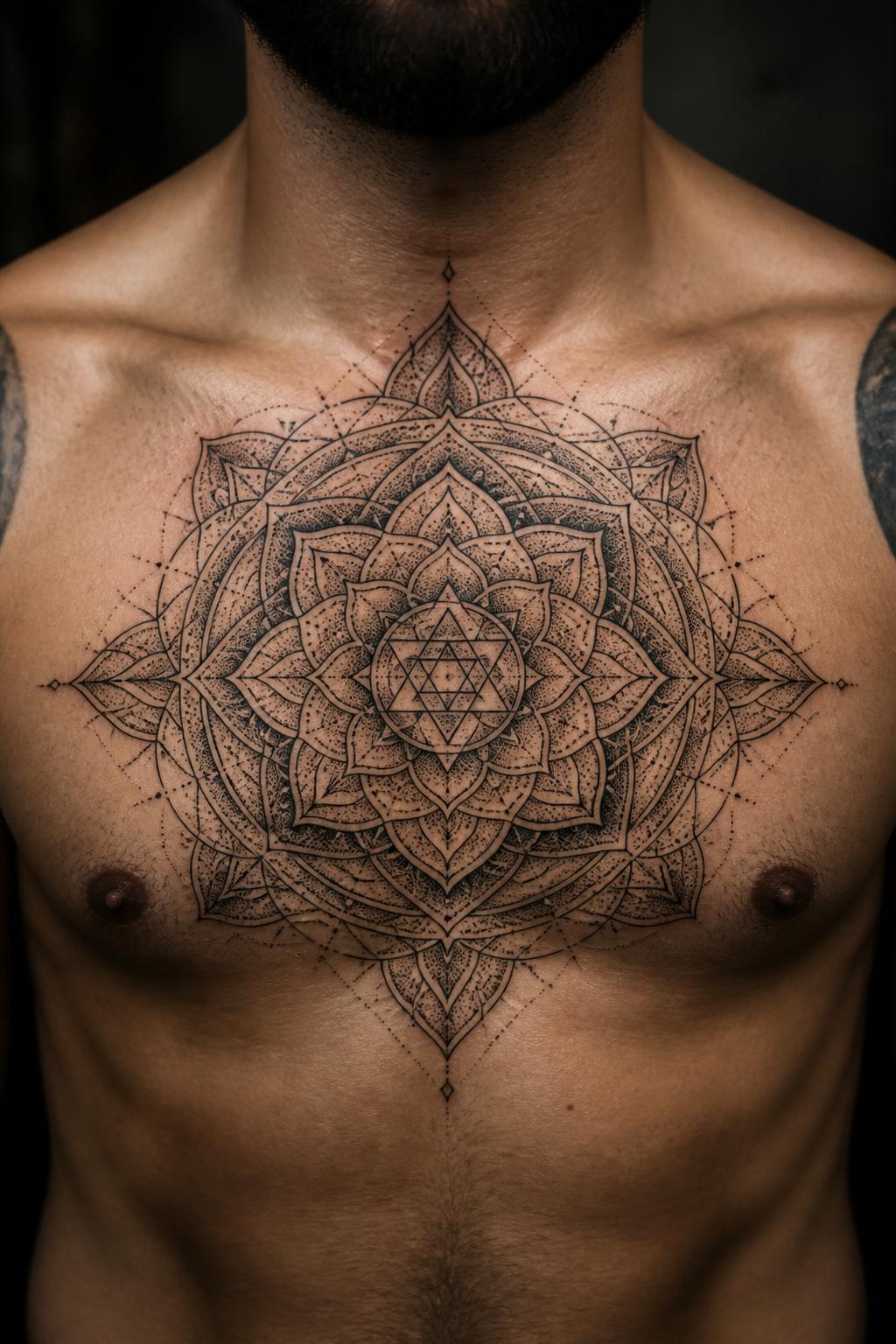 Ornamental dotwork yantra tattoo