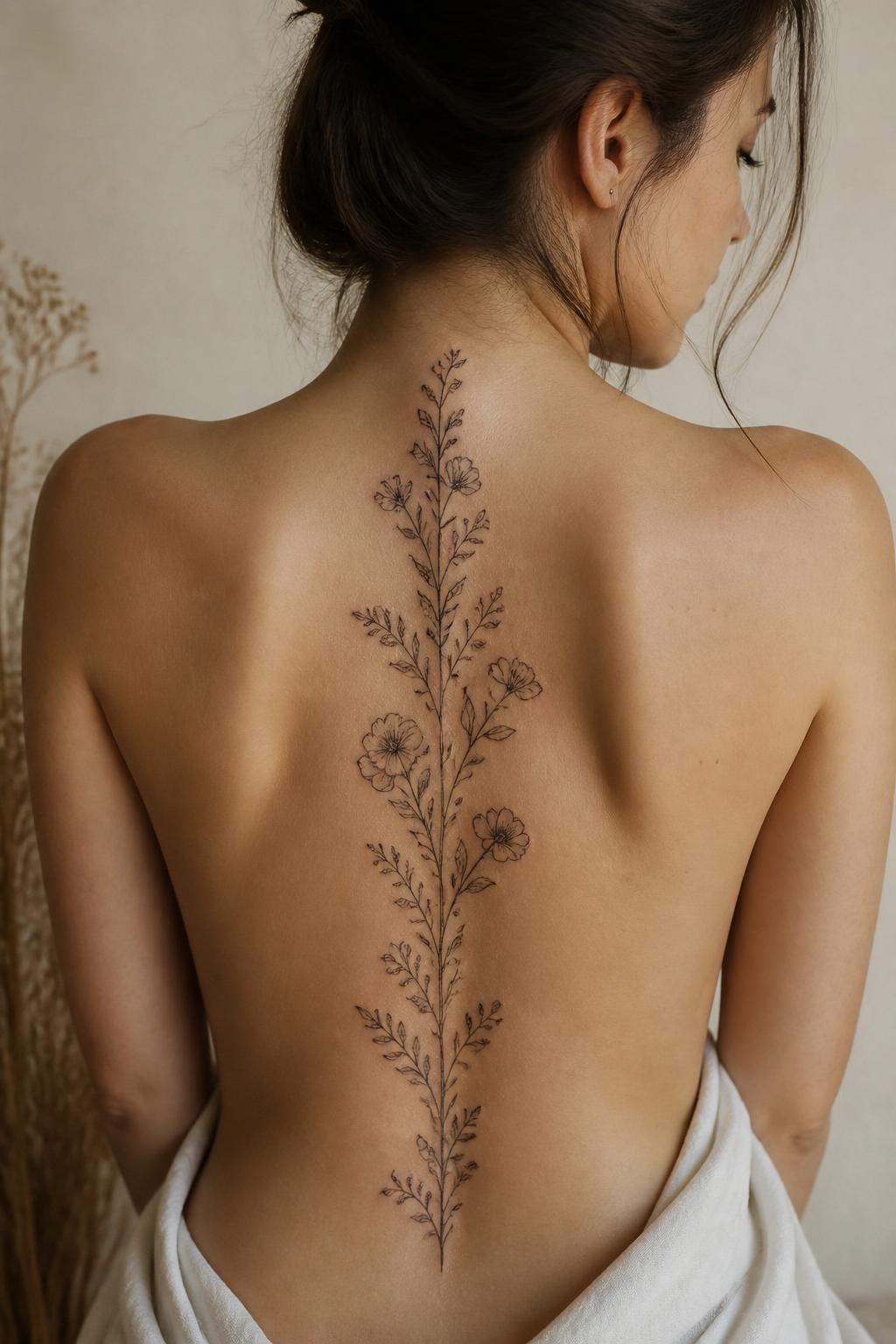 Botanical spine tattoo